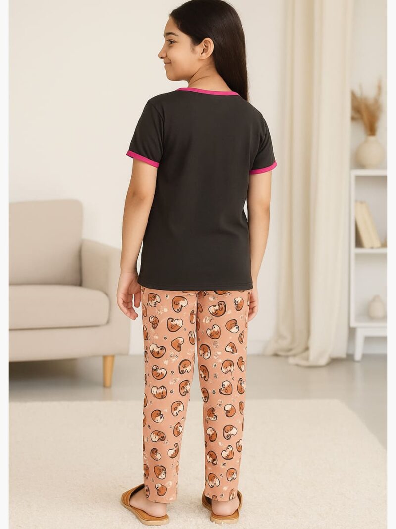 Girls Cotton Printed Night Suit Set - Black