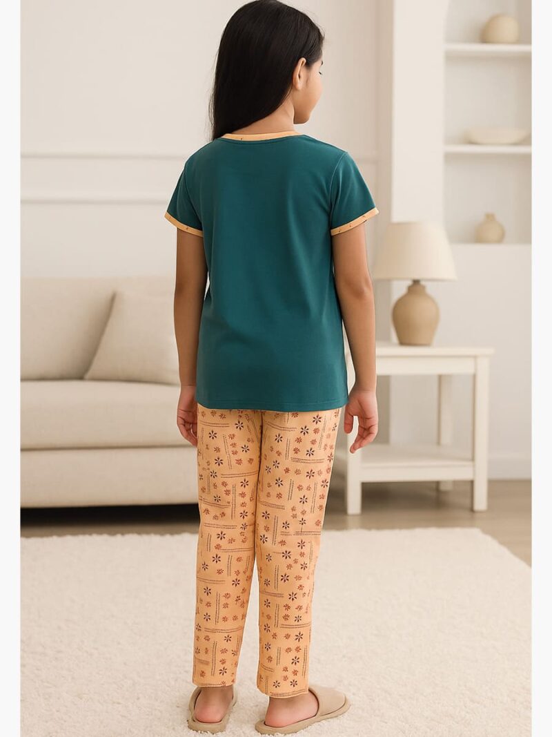 Girls Cotton Printed Night Suit Set - Green