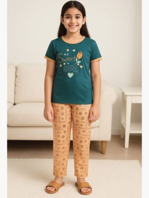 Girls Cotton Printed Night Suit Set - Green