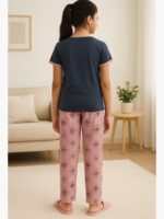 KNS-SABBNA-02-NB-8-9Y-02-T-B Girls Cotton Printed Night Suit Set - Navy Blue
