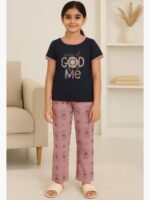 KNS-SABBNA-02-NB-8-9Y-02-T-F Girls Cotton Printed Night Suit Set - Navy Blue