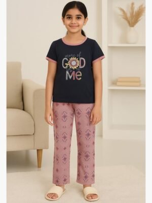 Girls Cotton Printed Night Suit Set - Navy Blue