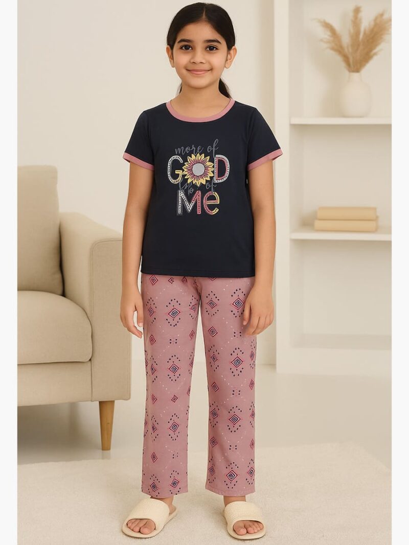 KNS-SABBNA-02-NB-8-9Y-02-T-F Girls Cotton Printed Night Suit Set - Navy Blue