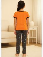 Girls Cotton Printed Night Suit Set - Orange