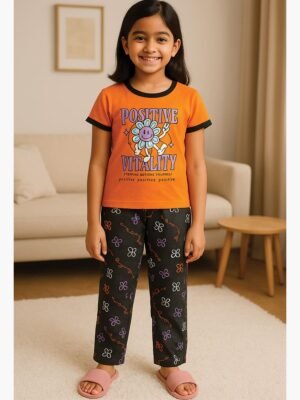 Girls Cotton Printed Night Suit Set - Orange
