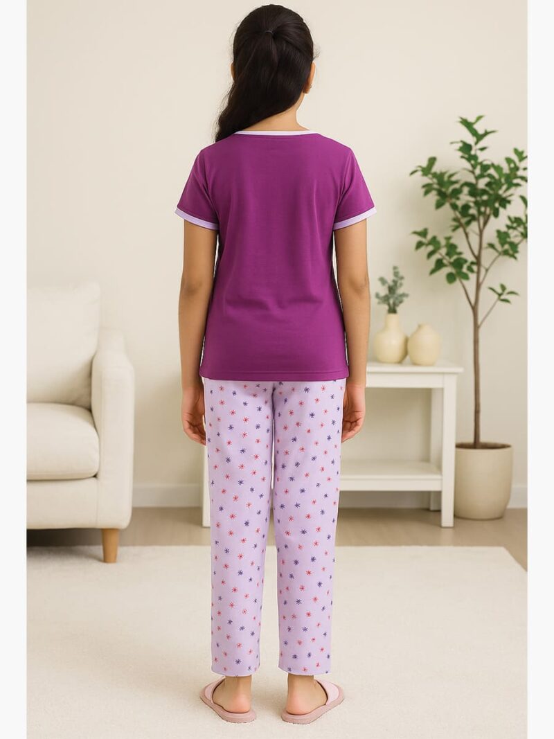 Girls Cotton Printed Night Suit Set - Purple