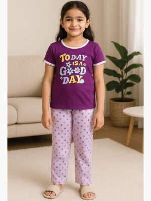 Girls Cotton Printed Night Suit Set - Purple