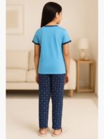 KNS-SABBNA-02-SB-8-9Y-06-T-B Girls Cotton Printed Night Suit Set - Sky Blue