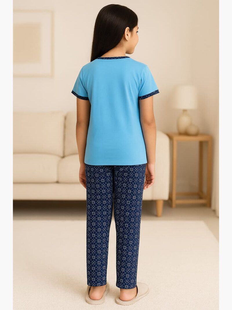 Girls Cotton Printed Night Suit Set - Sky Blue