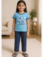 KNS-SABBNA-02-SB-8-9Y-06-T-F Girls Cotton Printed Night Suit Set - Sky Blue