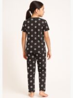 Girls Cotton Printed Night Suit Set -Black