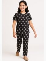 Girls Cotton Printed Night Suit Set -Black