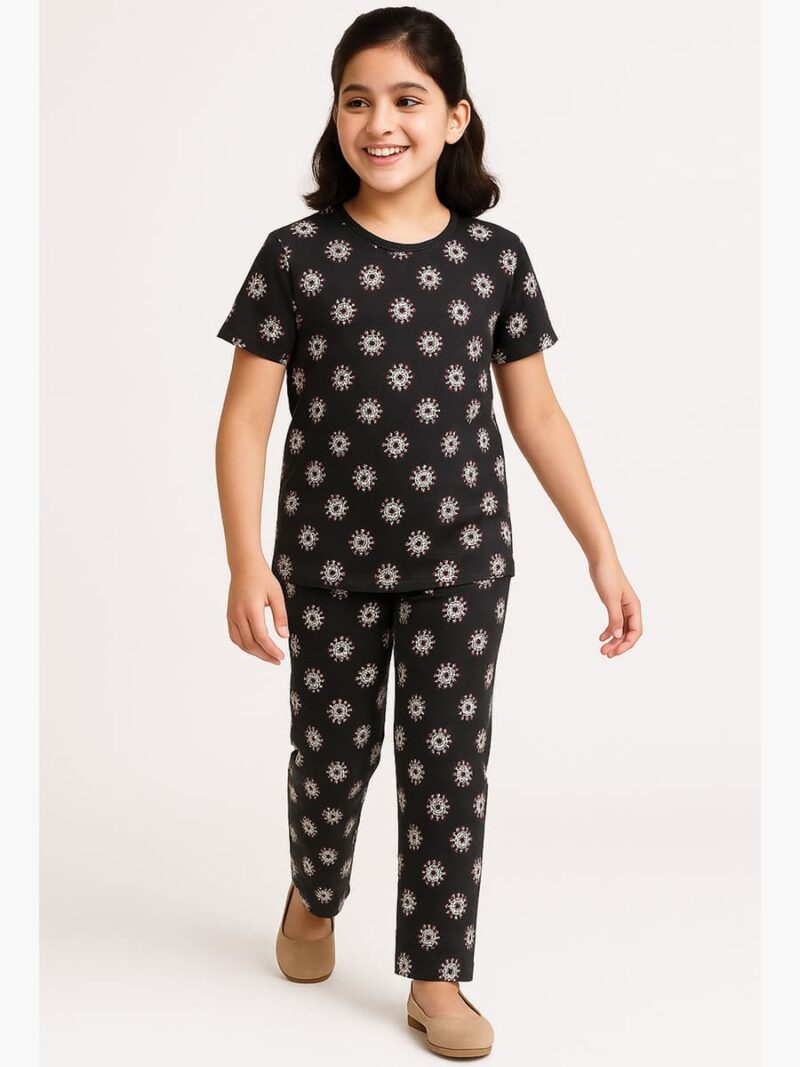 Girls Cotton Printed Night Suit Set -Black