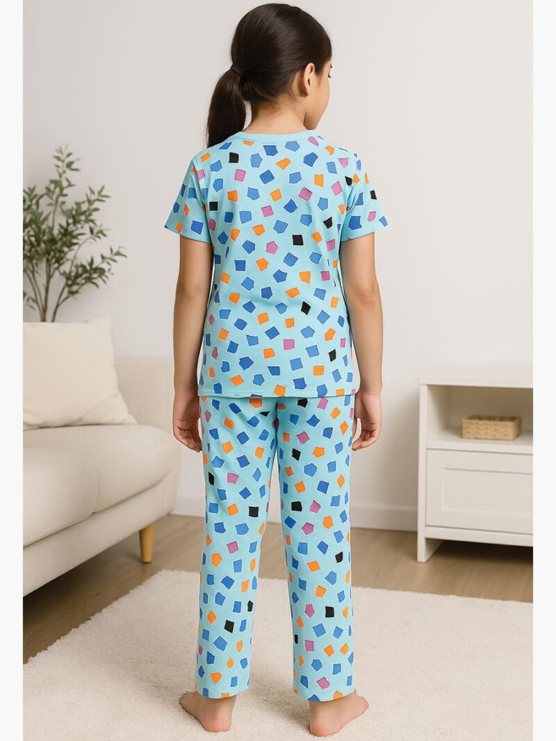 Girls Cotton Printed Night Suit Set -Blue