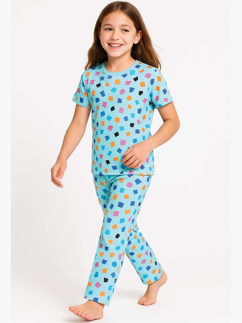 Girls Cotton Printed Night Suit Set -Blue