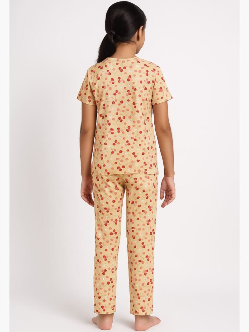 Girls Cotton Printed Night Suit Set - Cream
