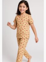 KNS-SABBNA-03-CRM-10-11Y-02-T-F Girls Cotton Printed Night Suit Set - Cream