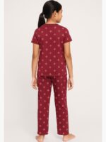 Girls Cotton Printed Night Suit Set - Maroon