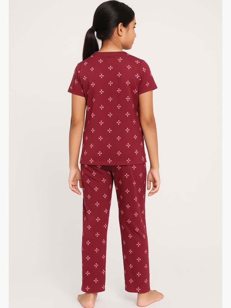 Girls Cotton Printed Night Suit Set - Maroon