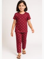 Girls Cotton Printed Night Suit Set - Maroon