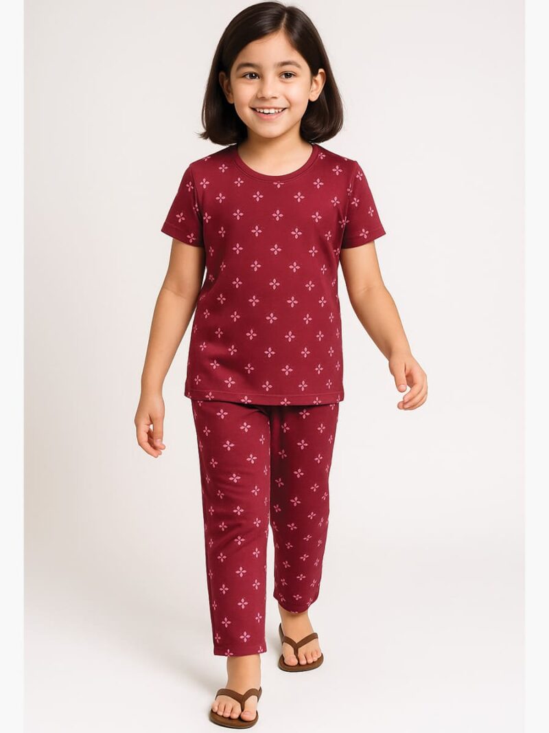 Girls Cotton Printed Night Suit Set - Maroon