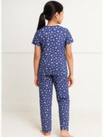 Girls Cotton Printed Night Suit Set - Navy Blue