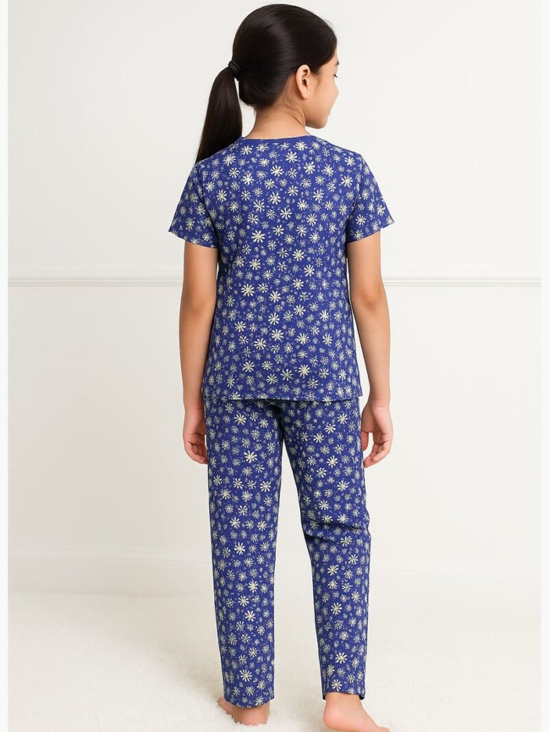 Girls Cotton Printed Night Suit Set - Navy Blue