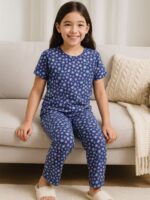 Girls Cotton Printed Night Suit Set - Navy Blue