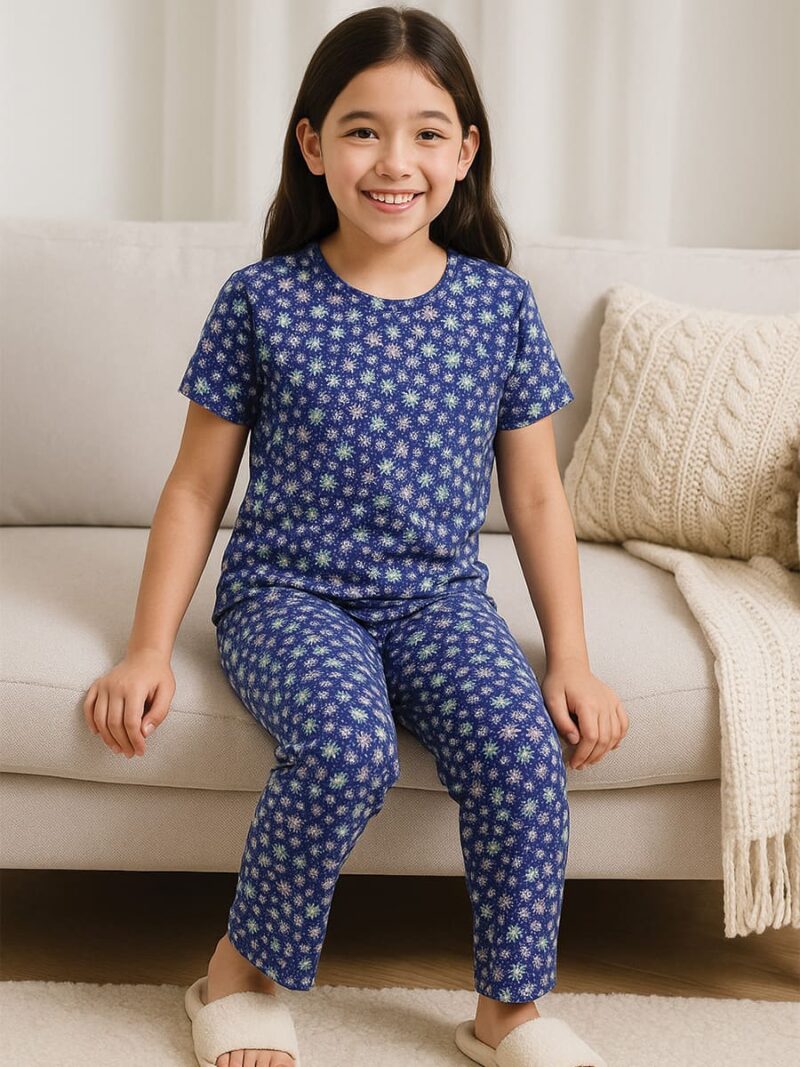 Girls Cotton Printed Night Suit Set - Navy Blue