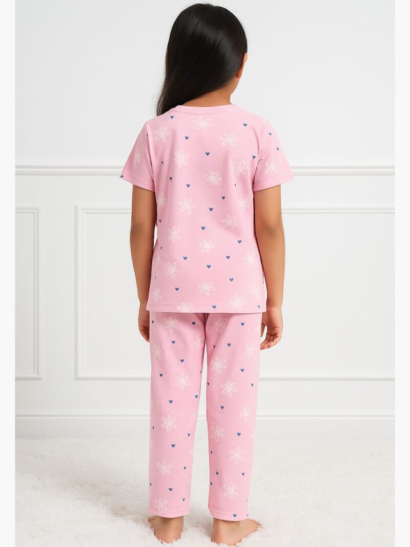 Girls Cotton Printed Night Suit Set - Pink