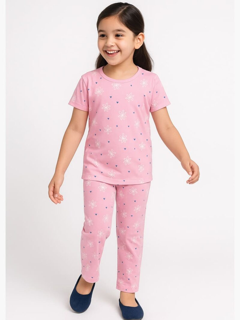 KNS-SABBNA-03-PK-12-13Y-03-T-F Girls Cotton Printed Night Suit Set - Pink