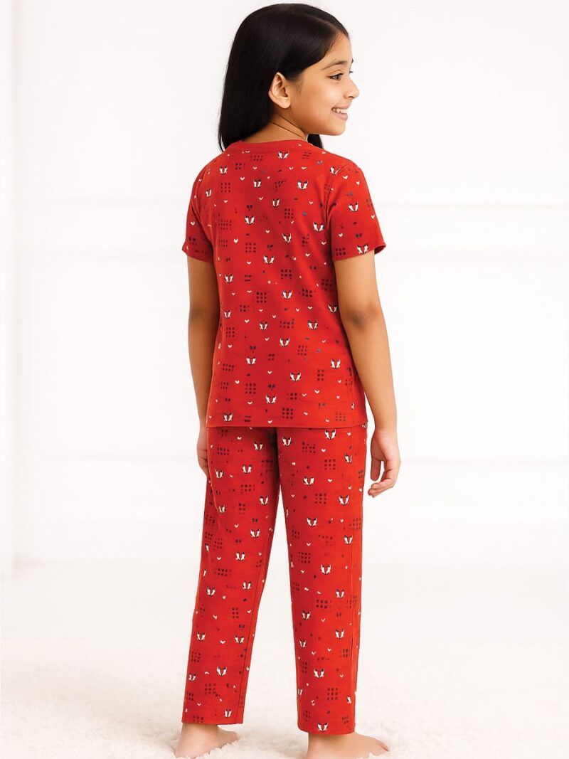 Girls Cotton Printed Night Suit Set - Red