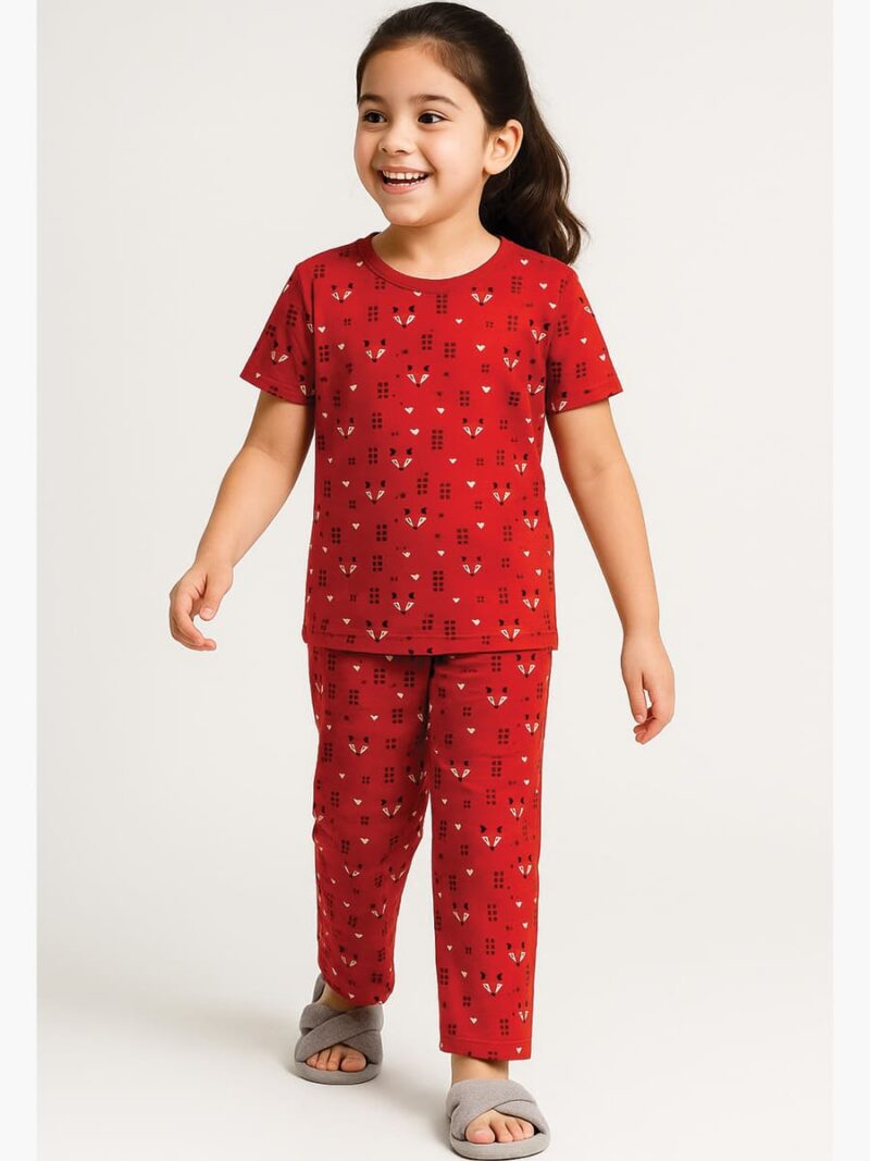 Girls Cotton Printed Night Suit Set - Red