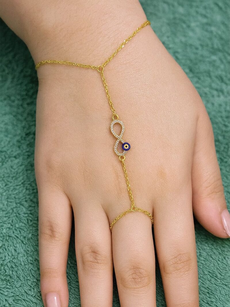 WJ-WP-HC09-WH-01-F Women’s Gold Infinity Evil Eye Hand Chain Bracelet