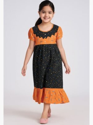 Girls Cotton Nighty Printed - Black