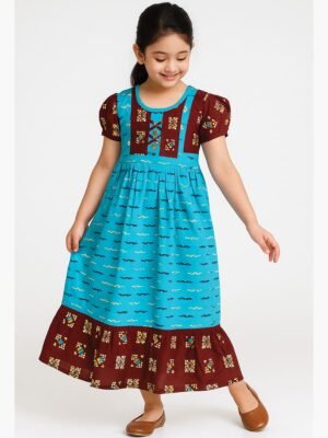 Girls Cotton Nighty Printed - Turquoise