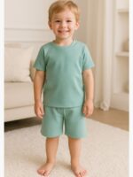 KTS-IKON-01-SG-5-6Y-04-T-F Kids’ Popcorn Shorts Set – Seafoam Green