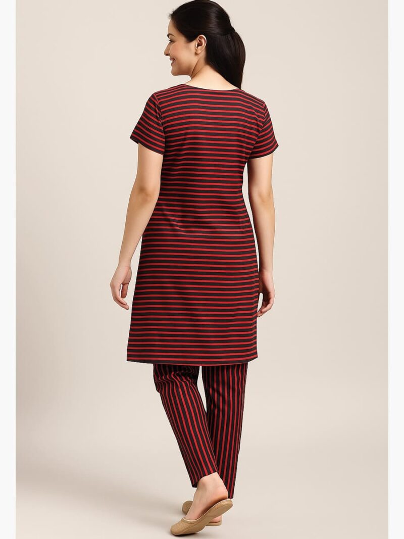 Women’s Cotton Striped Night Suit – Red & Black