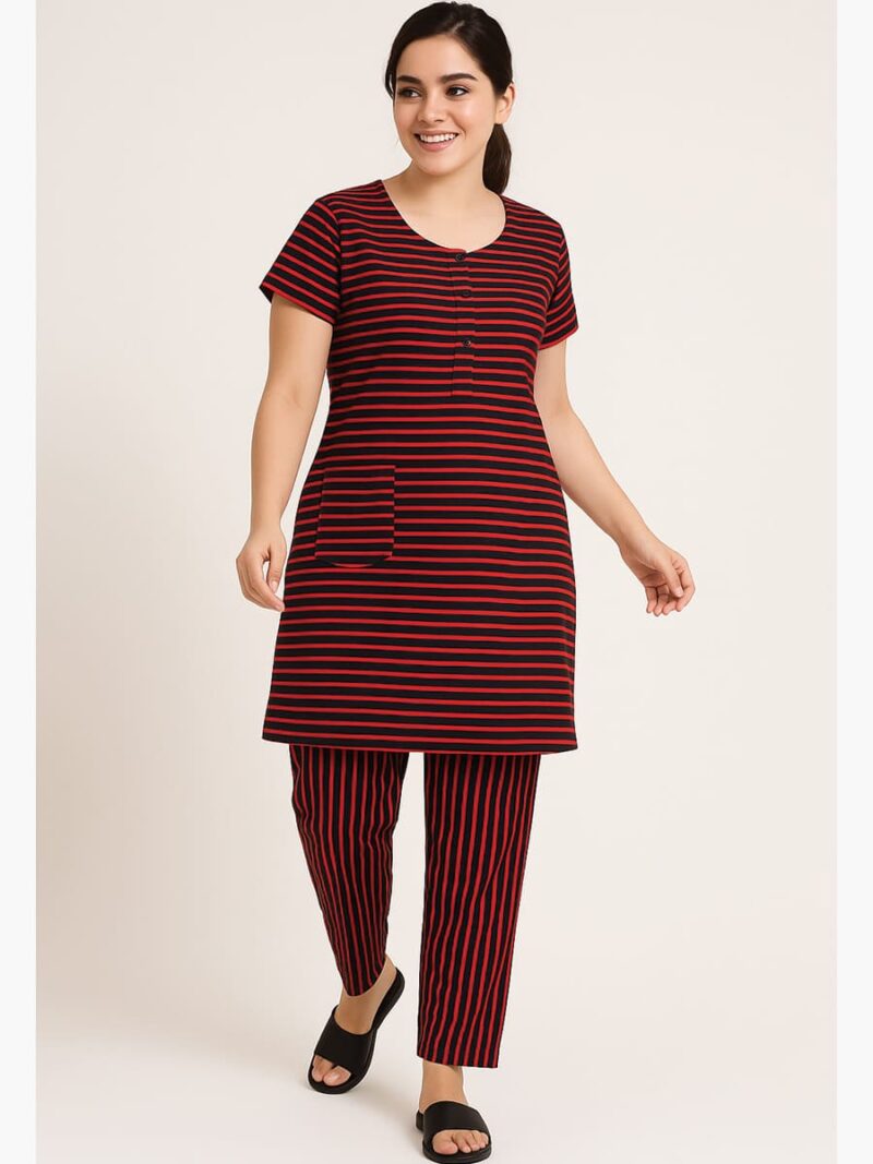 W-NS-114-01-01-RD-XL-T-F Women’s Cotton Striped Night Suit – Red & Black