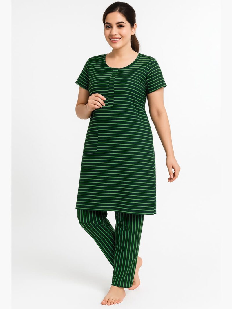 Women’s Cotton Striped Night Suit – Green & Black
