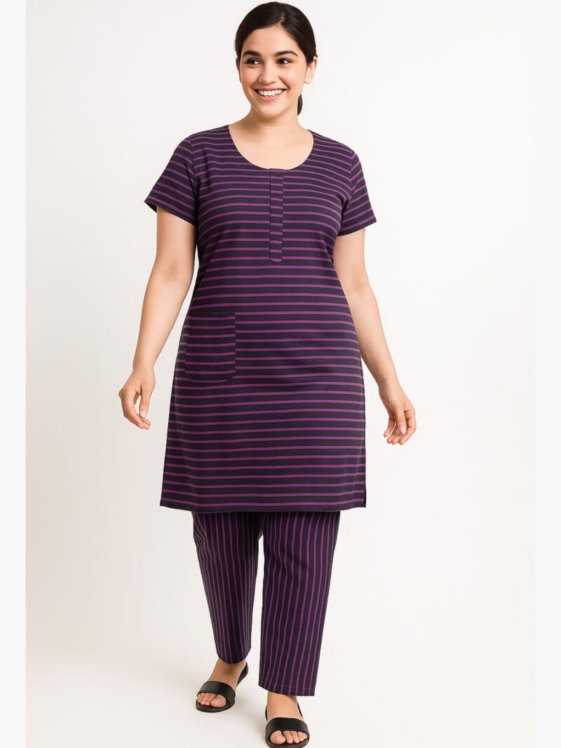 W-NS-114-03 - PP-XL-T-F Women’s Cotton Striped Night Suit – Purple & Black