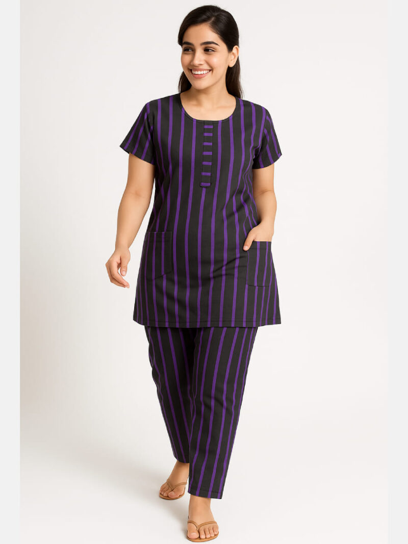 W-NS-129-02-PP-L-T-Full Women's Cotton Striped Night Suit – Purple