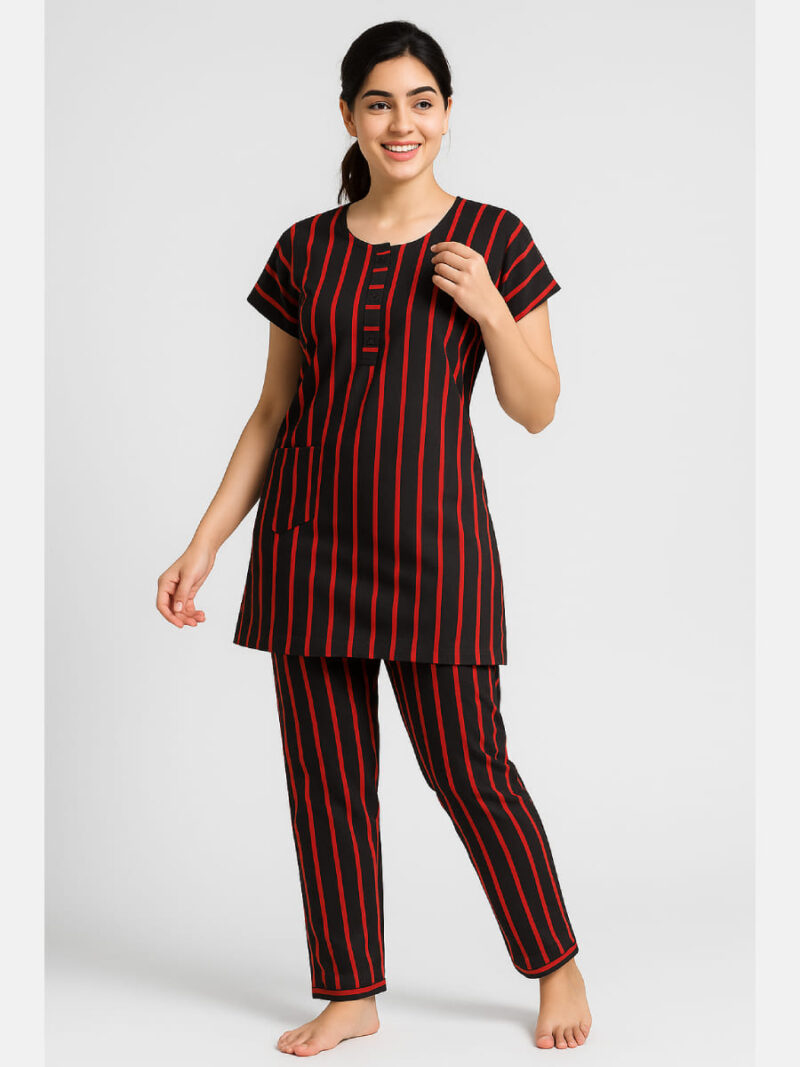 Women's Cotton Striped Night Suit – Red