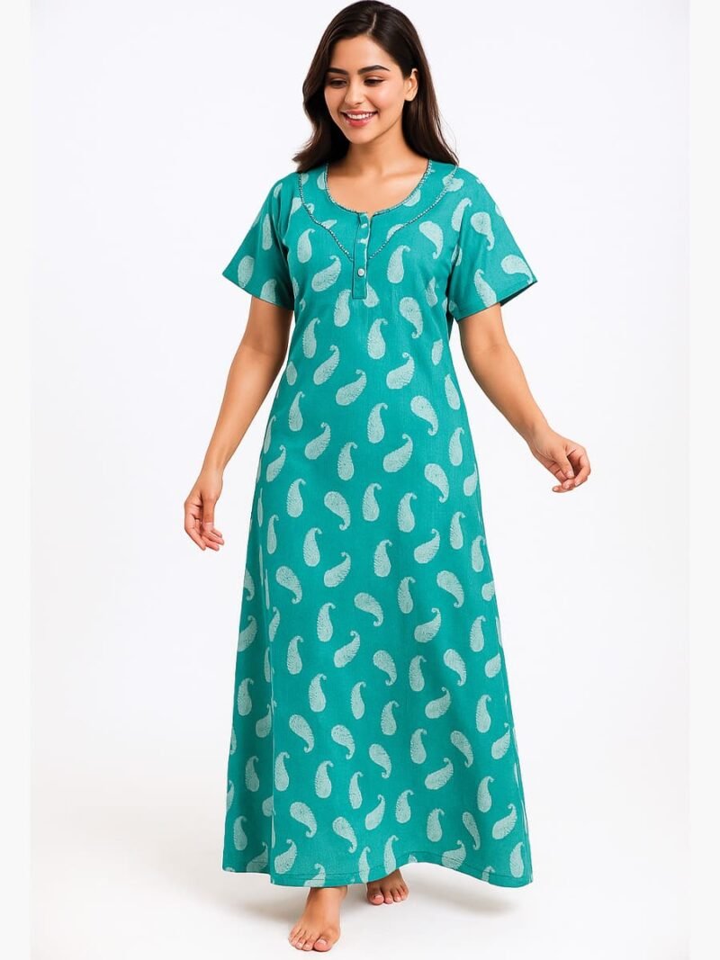 Women’s Cotton Printed Nighty – Turquoise