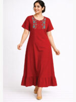 W-NY-116-02-RD-XL-F Women’s Cotton Embroidered Frock Nighty – Red