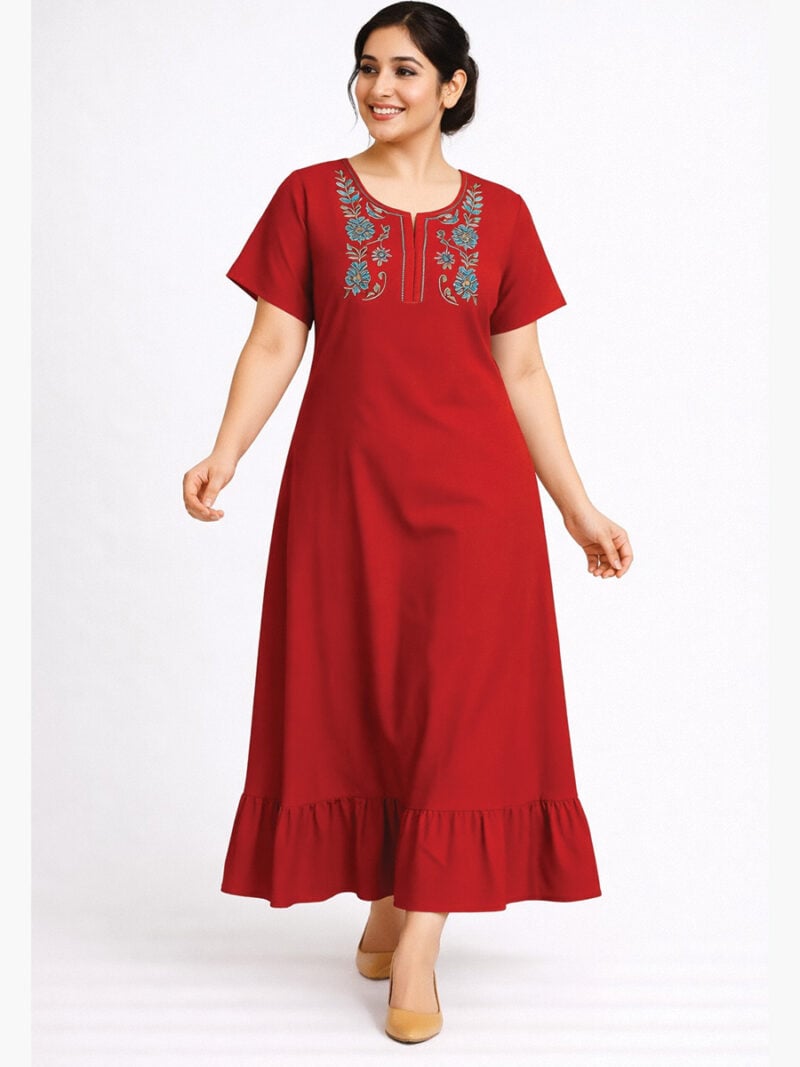 W-NY-116-02-RD-XL-F Women’s Cotton Embroidered Frock Nighty – Red