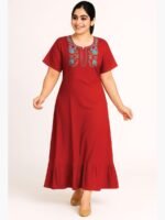 Women’s Cotton Embroidered Nighty – Red
