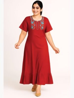 Women’s Cotton Embroidered Nighty – Red