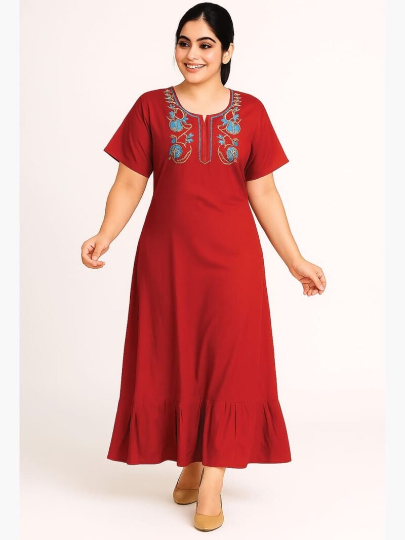 Women’s Cotton Embroidered Nighty – Red