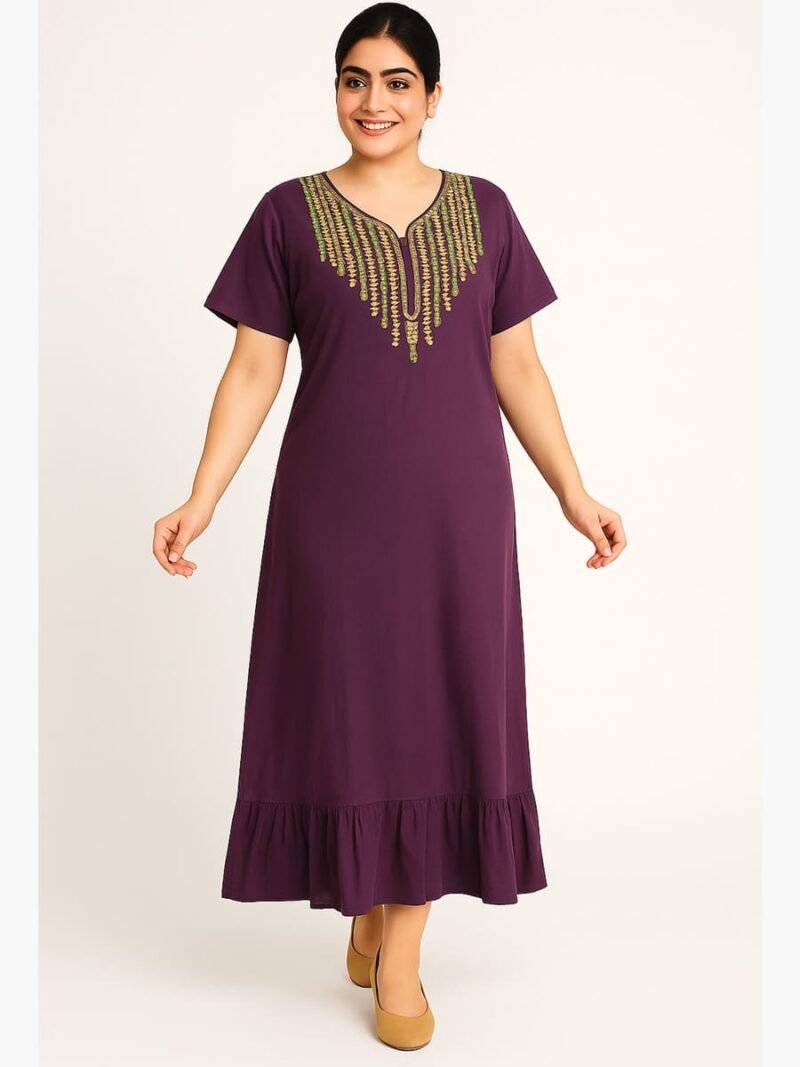 Women’s Cotton Embroidered Nighty – Purple